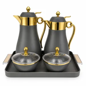 Al Saif Gilded Diva Thermos Set featuring gray gilded gold detailing and matching bowls