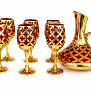 24K Gold Plated 7 Pcs Red Turkey Glass Water Set.