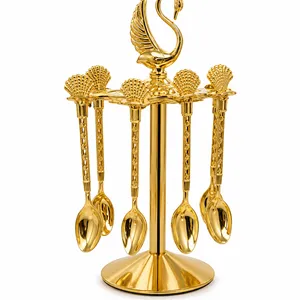 Gold Swan Cutlery Stand with 6 Hanging Spoons Ornate Dessert Tea Spoon Set