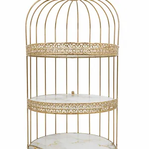 Gold Birdcage Style 3 Tier Display Shelf with Marble Effect Trays Deer Top