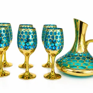 24K Gold Plated 7 Pcs Blue Turkey Glass Water Set