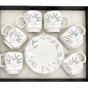 Royalford 12-piece square tea set featuring a minimalist floral pattern in white and silver