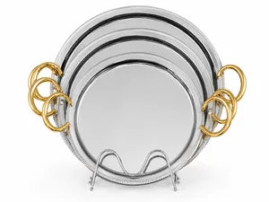 oval silver-plated serving tray with decorative gold-toned handles