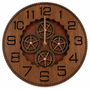 wooden-framed gear wall clock with a rustic brown finish and copper-colored inner gears