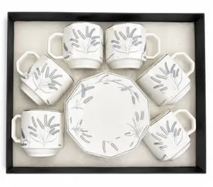 Royalford 12-piece square tea set featuring a minimalist floral pattern in white and silver