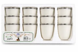 12-piece sets of white porcelain Cawa cups featuring a silver-colored rim